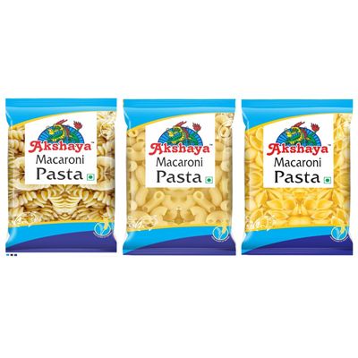 Akshaya Pasta Combo Pack Macaroni Pasta - 500g * 3 Packs (Elbow, Shell and Spiral) 100% suji