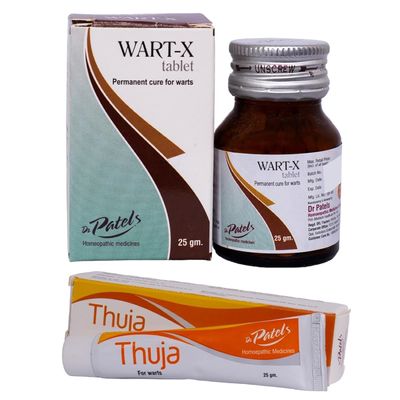 DR PATELS HOMEOPATHIC MEDICINES Wart X Tablet & Thuja Ointment Combo|Removal Of All Types Of Warts, Corns, Callosities|Polypi & Tubercles-Combo