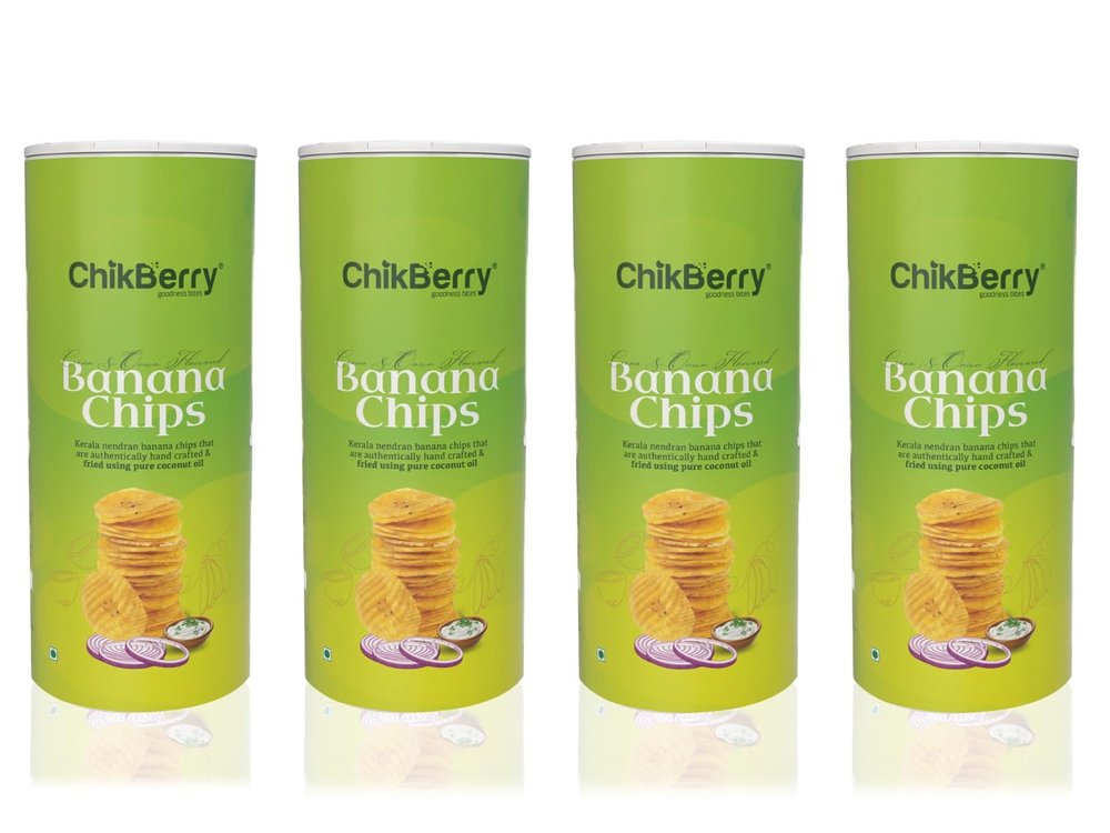 Chikberry Goodness Bites Banana Chips Cream & Onion Flavoured Kerala Banana Chips/Fried Using Pure Coconut Oil/Fresh, Healthy, Thin, Crispy Per Bottle 100 Gm (Pack of 4)