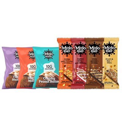 Mojo Bar Assorted Combo - 8 Energy Bars (Choco Almond, Yoghurt Berry, Fruit & Nut and Orange Dark Chocolate) and 3 MOJO Protein Bombs (Peanut Butter, Hazelnut and Mocha Protein Ball), 248 grams