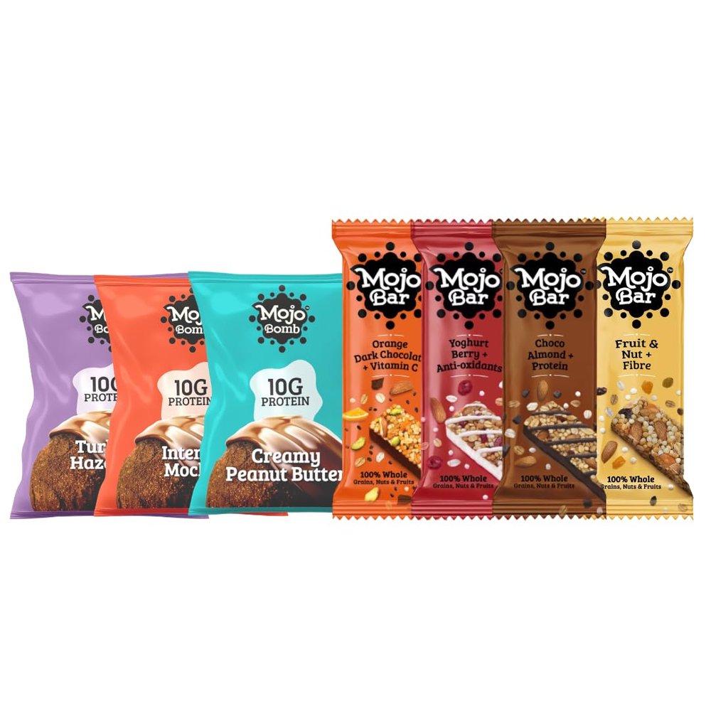 Mojo Bar Assorted Combo - 8 Energy Bars (Choco Almond, Yoghurt Berry, Fruit & Nut and Orange Dark Chocolate) and 3 MOJO Protein Bombs (Peanut Butter, Hazelnut and Mocha Protein Ball), 248 grams