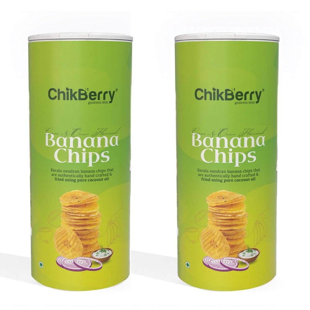 Chikberry Goodness Bites Banana Chips Cream & Onion Flavoured Kerala Banana Chips/Fried Using Pure Coconut Oil/Fresh, Healthy, Thin, Crispy Per Bottle 100 Gm (Pack of 2)