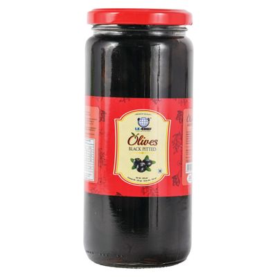 LE-CHEF Black Pitted Olives 450g | Mediterranean Black Olives for Pizza, Pasta & Salads | Ready-to-Eat Garnish for Platters, Sandwiches & Everyday Cooking