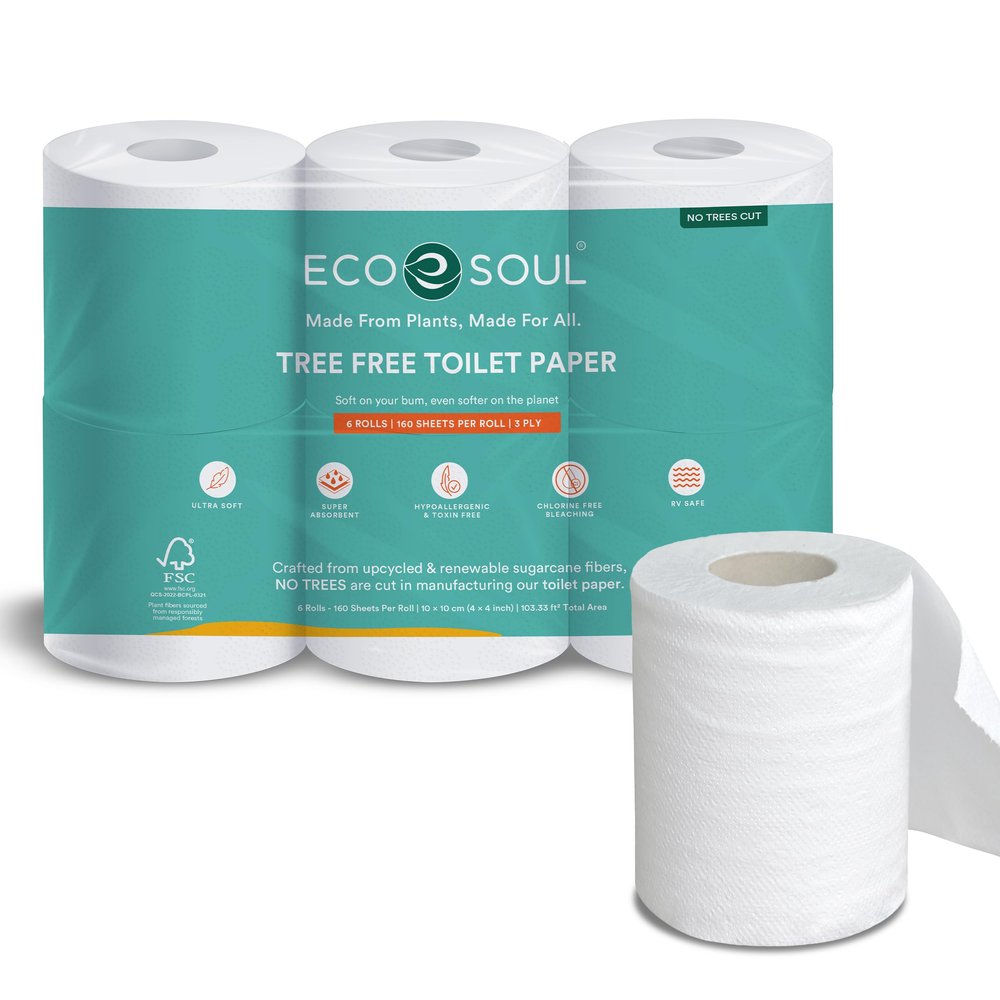 ECO SOUL [3 Ply, 960 Pulls] Tree-Free Toilet Paper | Pack of 6 (160 Pulls Per Pack) | Soft & Highly Absorbent | Eco Friendly, Natural, Biodegradable | Everyday Toilet Paper