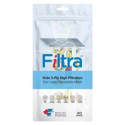 Filtra 3-Ply Ear Loop Kids Mask | Ages 3-18 | Kids Mask | Children's Mask | Ladies Mask | High Filtration | New extra tough courier packing | Travel Zip Lock Pouch of 20 Masks (Cartoon)