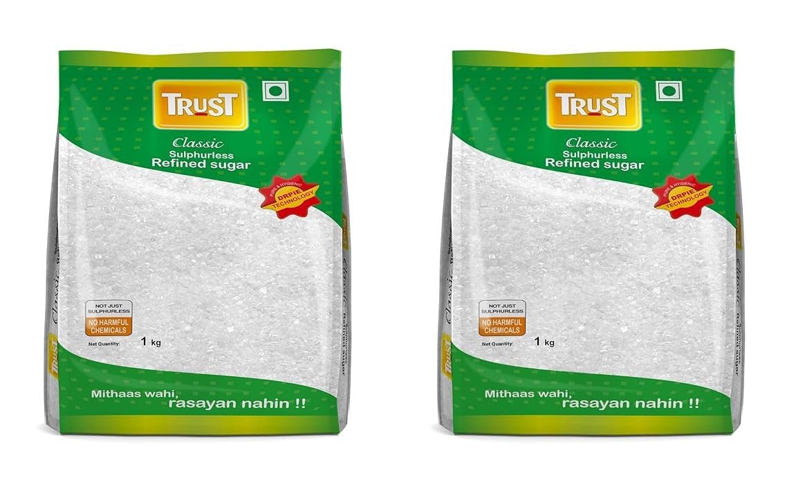 Trust Classic Crystal Sugar| Double Refinded Sulphurless Pure Sugar| 1 Kg Each| Pack of 2| 2 Kg