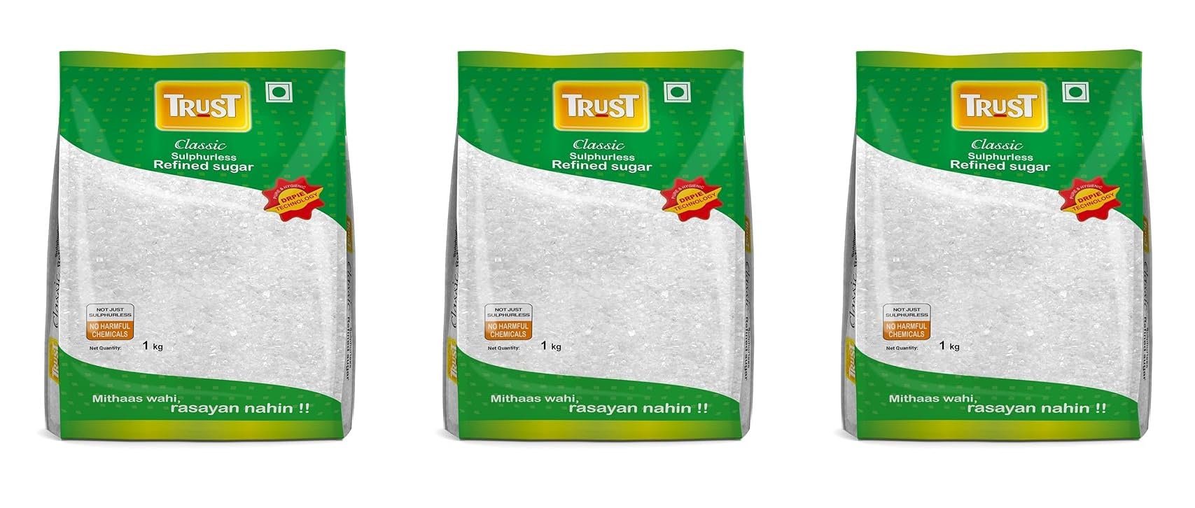 Trust Classic Crystal Sugar| Double Refinded Sulphurless Pure Sugar| 1 Kg Each| Pack of 3| 3 Kg