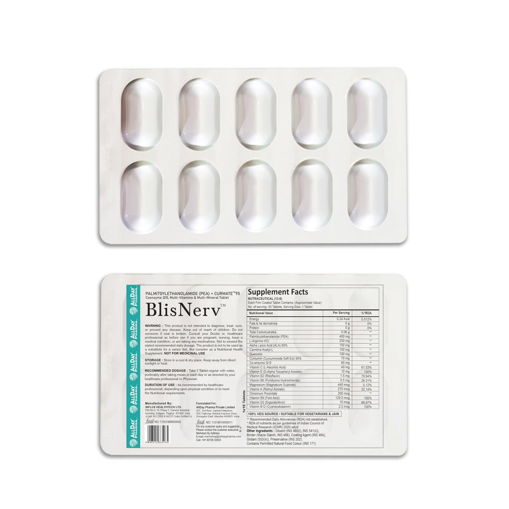 ALLDAY PHARMA BlisNerve Folic Acid with Vitamin C | Superfood with Micronutrients Vitamin C, A,B9, B12 | for Men & Women (10 Tablets)