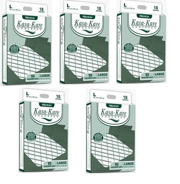 Kasa Kare Underpads, Large - 60x90 cm, 50 Sheets - Disposable Bed and Furniture Protectors, Leak-Proof, Ultra Absorbent - Pack of 5