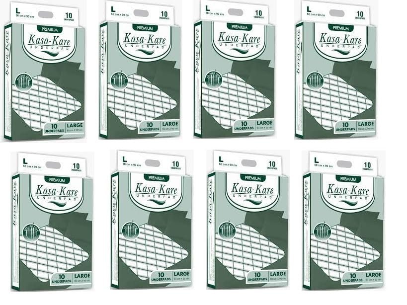 Kasa Kare Underpads, Large - 60x90 cm, 80 Sheets - Disposable Bed and Furniture Protectors, Leak-Proof, Ultra Absorbent - Pack of 8