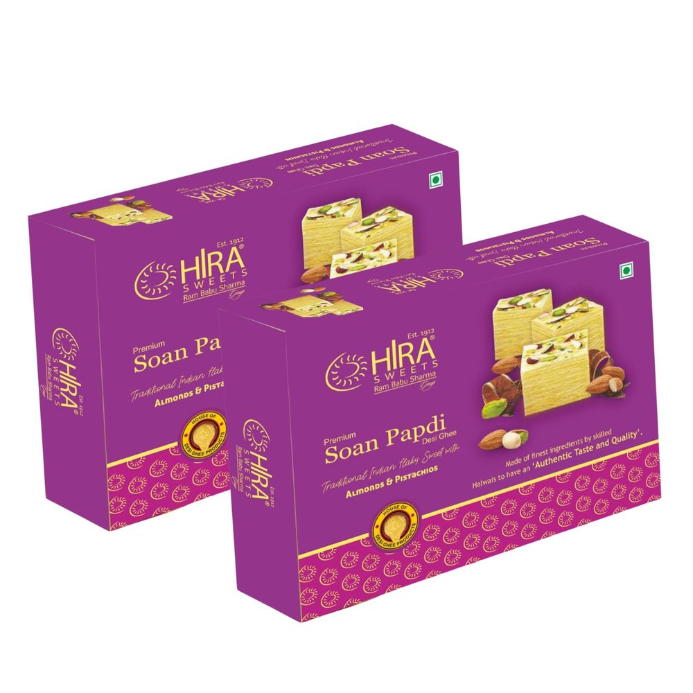 HIRA SWEETS Soan Papdi (500g x 2) | Instant Ready To Eat - Delicious Crispy & Flaky | Indian Sweets Gift Pack | Made With Fresh Almonds and Pistachio | Indian Traditional Soan Papdi | Great Sweets Gift Box