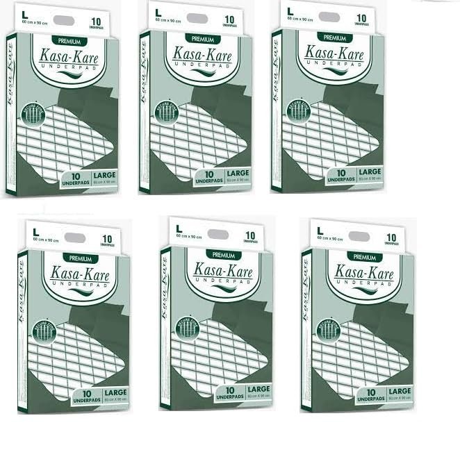 Kasa Kare Underpads, Large - 60x90 cm, 60 Sheets - Disposable Bed and Furniture Protectors, Leak-Proof, Ultra Absorbent - Pack of 6