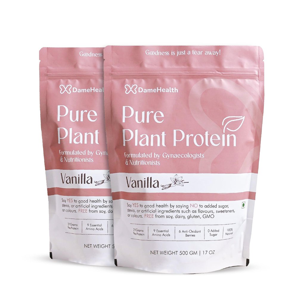 DAME HEALTH Womens Plant Protein | 24g Protein per Serve | Pack of 2 (1Kg) | Real Vanilla Flavor | Vegan Pea Protein Isolate | No Bloating, Easy to Digest | 6 Natural Antioxidants | Safe | Sweetened with Monk Fruit | For the Everyday Woman