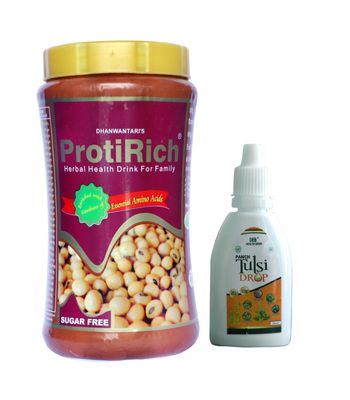 Dhanwantari ProtiRich Powder 450gm And Free Deb Health Grow Panch Tulsi Drop Immunity Booster & Anti-Oxidant 30M (Pack of2)