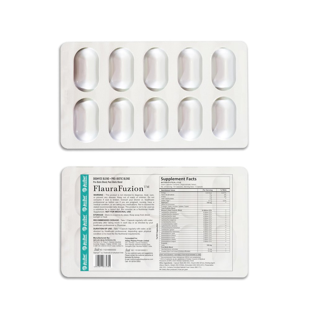 ALLDAY PHARMA FlauraFuzion Capsules | Probiotics 50 Billion CFU with 17 Probiotic Strain Help in Gut Health | Boost Immunity For Womens (10 Capsules)