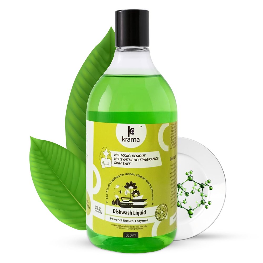 Krama Plant-Based Dish Washing Liquid with Natural Enzymes 500ml (Pack of 1) - Biodegradable, Skin-Safe & Chemical-Free Baby Bottle Cleaning Liquid - Dishwash Gel for Greasy Indian Utensils/Bartans