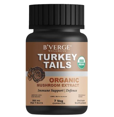 B'VERGE Turkey Tails mushroom Capsules 500mg | Digestive & Liver Health | Heart health, Stress Relief | Immune Response Support | USDA Organic - 35% Beta Glucan (7 Capsules)