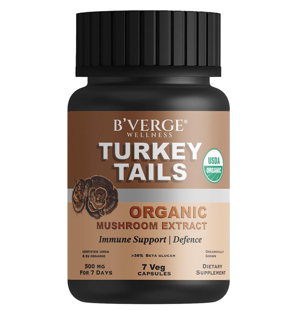 B'VERGE Turkey Tails mushroom Capsules 500mg | Digestive & Liver Health | Heart health, Stress Relief | Immune Response Support | USDA Organic - 35% Beta Glucan (7 Capsules)