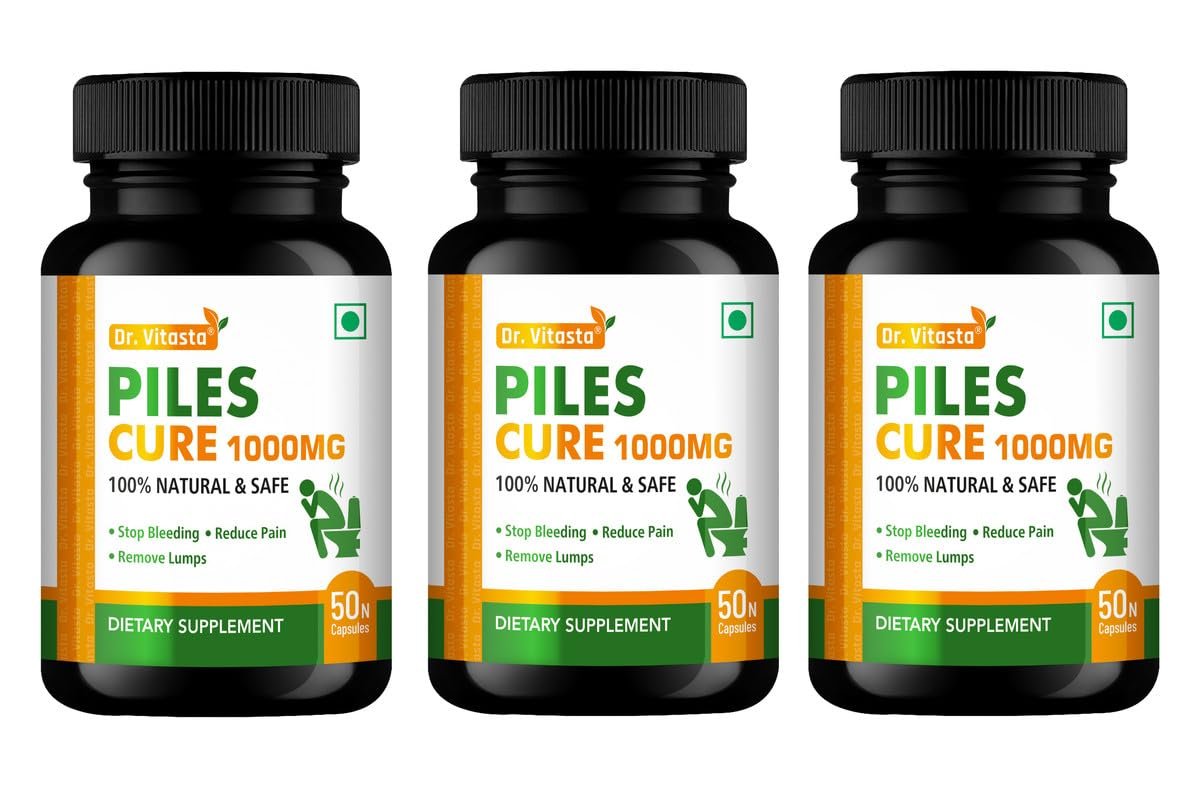 DR. VITASTA Piles Cure 1000mg | 100% Natural & Safe | Stop Bleeding | Reduce Pain | Remove Lumps | Dietary Supplement | (50 Capsules - Pack of 3)