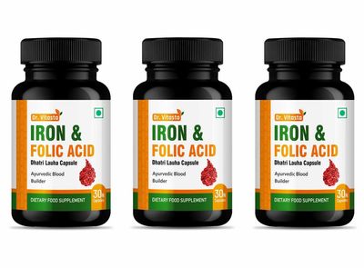 DR. VITASTA Iron & Folic Acid Capsules | Dhatri Lauha Capsule | Ayurvedic Blood Builder | Dietary Food Supplement | (30 Capsules - Pack of 3)