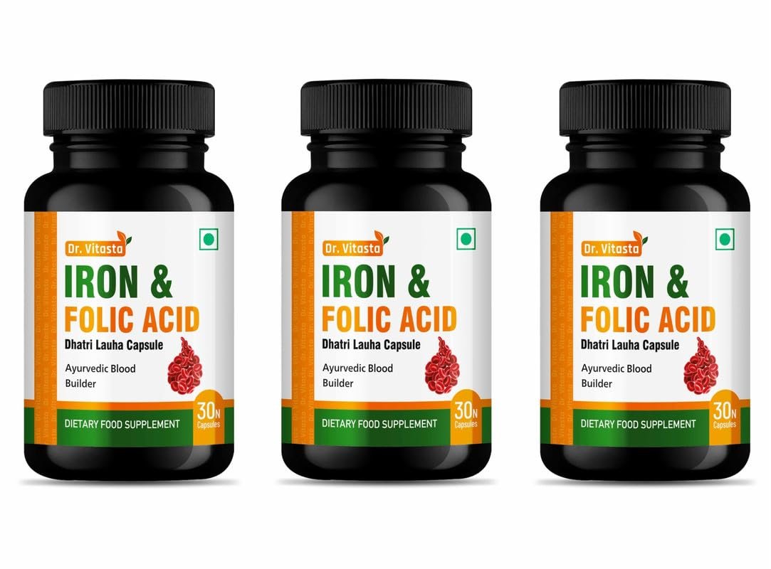 DR. VITASTA Iron & Folic Acid Capsules | Dhatri Lauha Capsule | Ayurvedic Blood Builder | Dietary Food Supplement | (30 Capsules - Pack of 3)