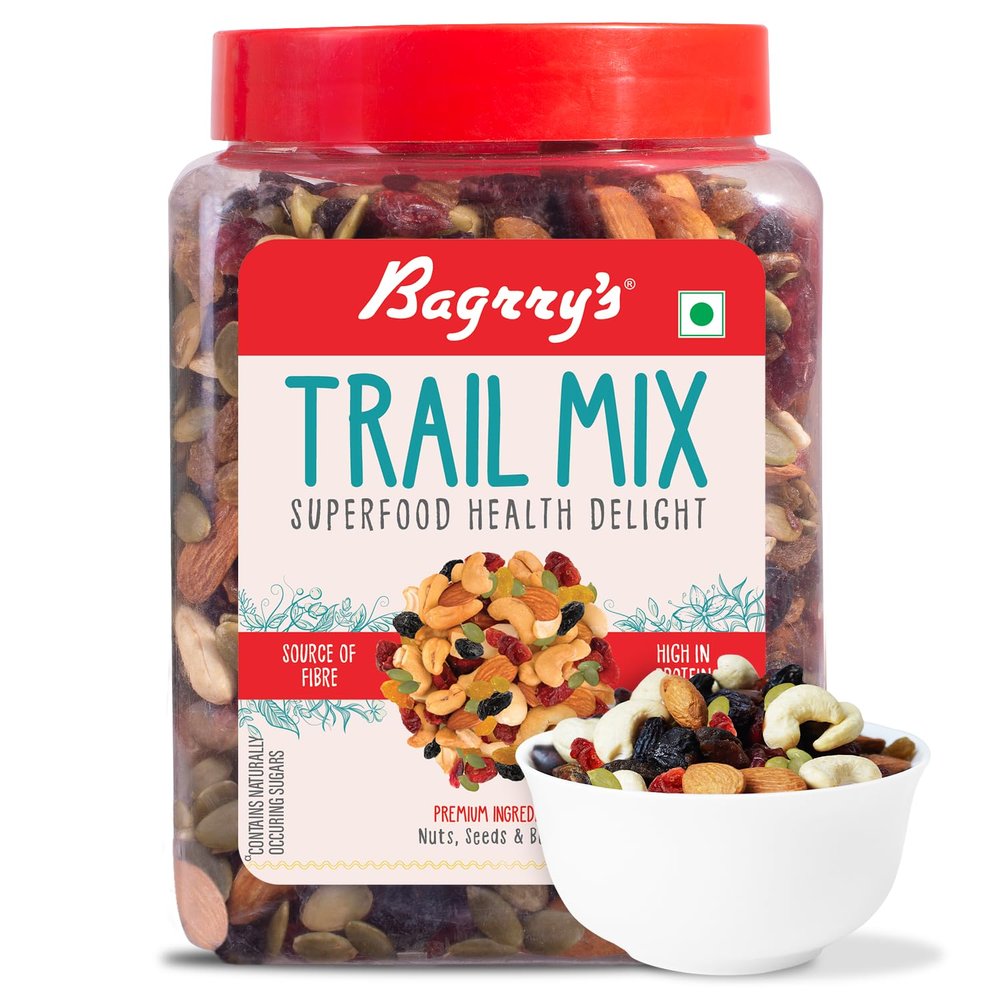 Bagrrys Trail Mix 1kg | 7 in 1 Superfoods | California Almond | Cashews | Cranberries | Dates | Pumpkin Seeds | Green & Black Raisins | High Protein | Fibre-Rich | Oil-Free | Non-Salted | Healthy Snack for Anytime Energy | Dry fruit mix | Mix nuts |