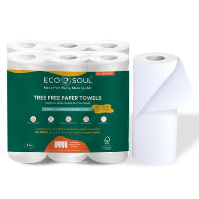 ECO SOUL [2 Ply, 360 Pulls] Tree-Free Kitchen Paper Towel | Pack of 6 (60 Pulls Per Pack) | Soft & Highly Absorbent | Eco Friendly, Natural, Biodegradable | Everyday Kitchen Paper Towel