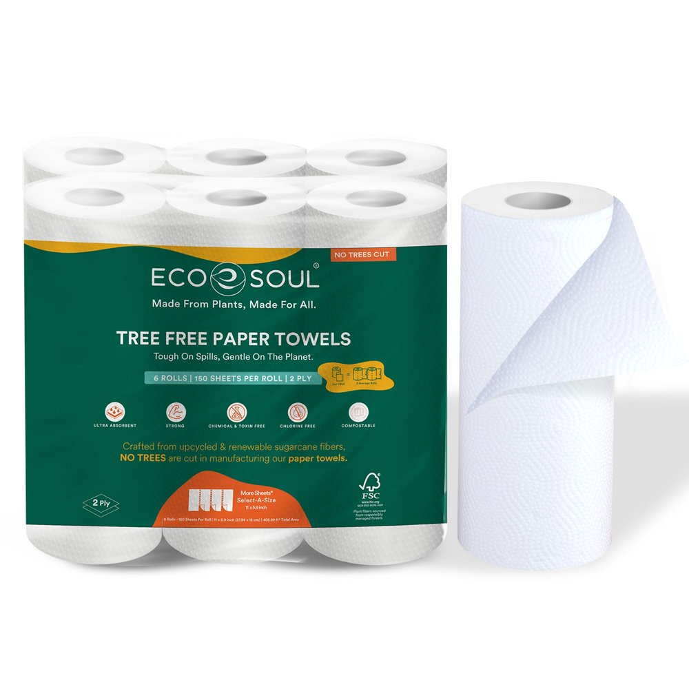 ECO SOUL [2 Ply, 360 Pulls] Tree-Free Kitchen Paper Towel | Pack of 6 (60 Pulls Per Pack) | Soft & Highly Absorbent | Eco Friendly, Natural, Biodegradable | Everyday Kitchen Paper Towel