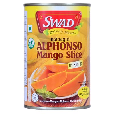 SWAD Alphonso Mango Slice with Syrup | No Added Preservatives & Sweeteners | Export Grade Happus Aam | Natural Mango Slices with Syrup | Tin Pack of 2 (450g each)