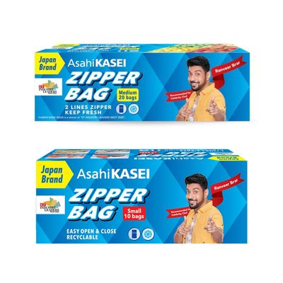 Asahi Kasei Zipper Bag |Medium 20 Bags | Small 10 Bags |100% Leak-Proof | Double Zipper Lock | Reusable & Washable | Keeps Food Fresh | Japan's No 1 Brand