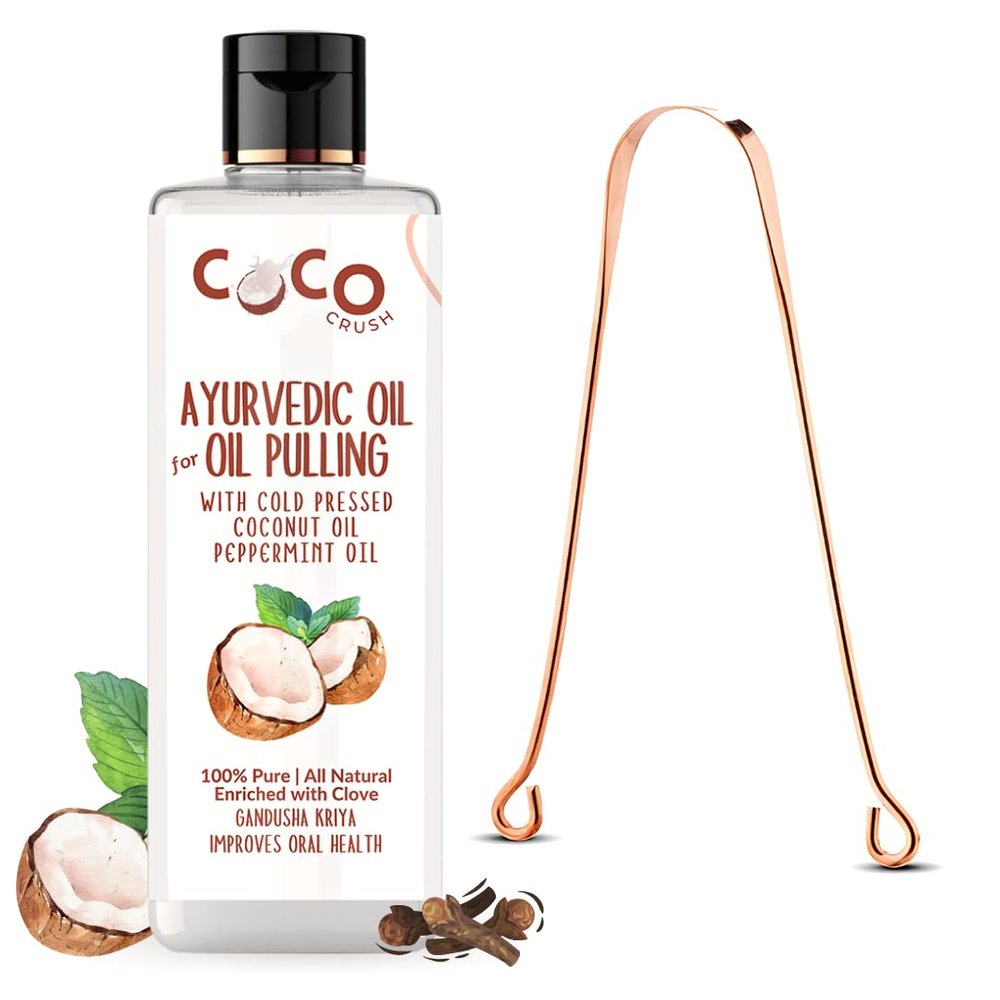 COCO CRUSH Ayurvedic Coconut Oil for Oil Pulling & Copper Tongue Cleaner | Cold-pressed & Virgin | Peppermint Oil, Clove Oil | Oral Care Solution for Fresher Breath & Healthier Gums (200ml + tongue cleaner)