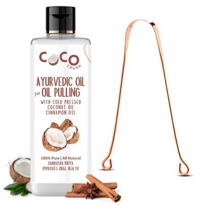 COCO CRUSH Ayurvedic Coconut & Cinnamon Oil for Oil Pulling With Copper Tongue Cleaner | Cold-pressed | Healthy & Strong Gums | Fresher Breath & Whiter Teeth (200ML + Tongue Cleaner)