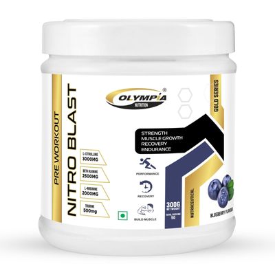 Olympia Nutrition Nitro Blast vaccume packed pumped pre workout beta alanine 2500mg, l-citrulline 3000mg, l-arginine 2000mg caffeine 200mg (Blueberry, 300gm)