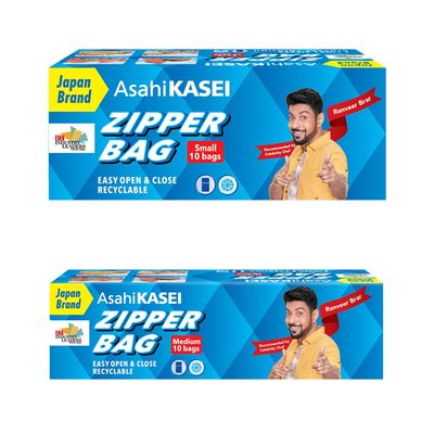 Asahi Kasei Zipper Bag | Small 10 Bags | Medium 10 Bags | 100% Leak-Proof | Double Zipper Lock | Reusable & Washable | Keeps Food Fresh | Japan's No 1 Brand