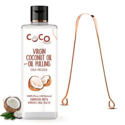COCO CRUSH Cold Pressed Coconut Oil for Oil Pulling & Copper tongue cleaner | Extra Virgin, 100% Pure & Natural | Gandusha Kriya - Coconut | Protect teeth, gums, and mouth (50ml + tongue cleaner)