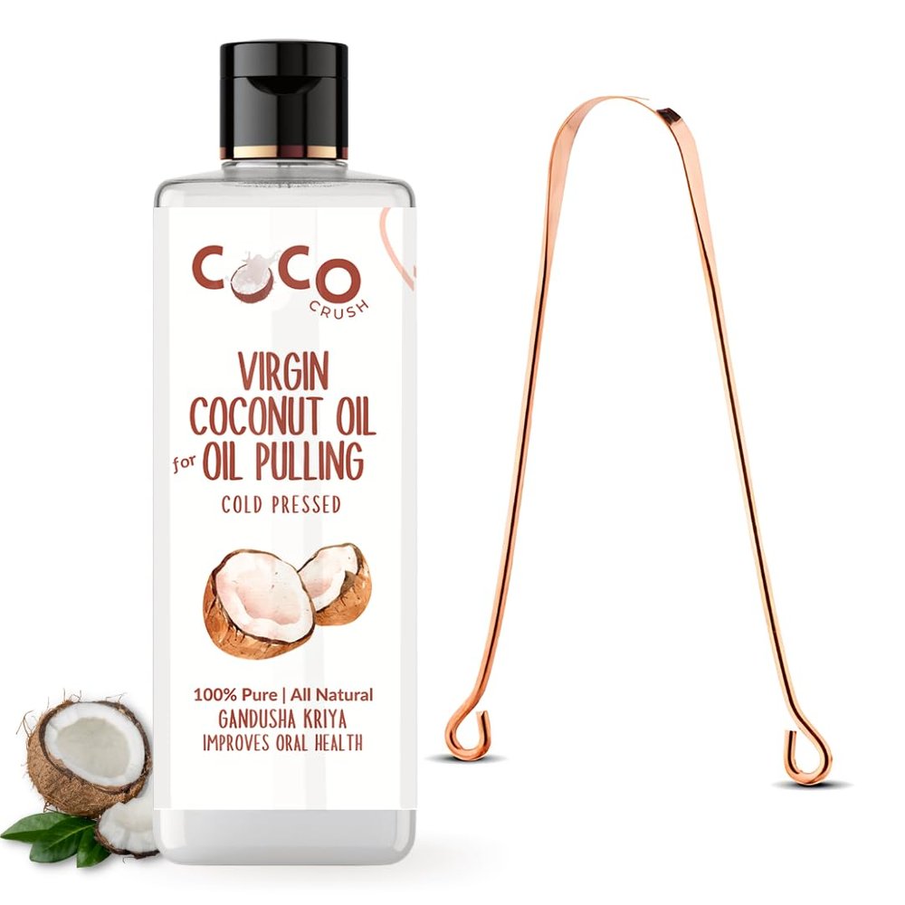 COCO CRUSH Cold Pressed Coconut Oil for Oil Pulling & Copper tongue cleaner | Extra Virgin, 100% Pure & Natural | Gandusha Kriya - Coconut | Protect teeth, gums, and mouth (50ml + tongue cleaner)