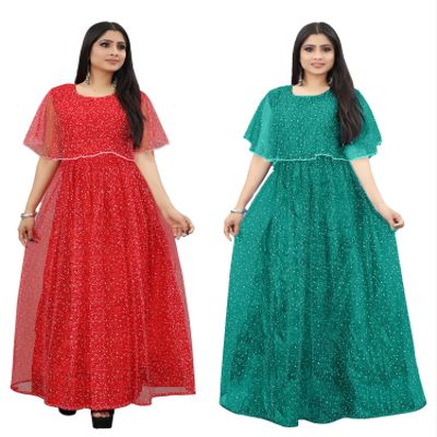 3Buddy Fashion Women's Fit and Flare Maxi Net and Silk Semi-Stitched Gown (Red-Seagreen)