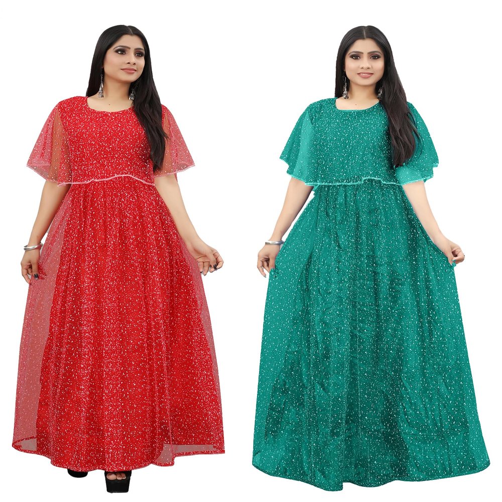 3Buddy Fashion Women's Fit and Flare Maxi Net and Silk Semi-Stitched Gown (Red-Seagreen)