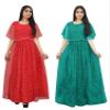3Buddy Fashion Women's Fit and Flare Maxi Net and Silk Semi-Stitched Gown (Red-Seagreen) view 1