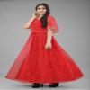 3Buddy Fashion Women's Fit and Flare Maxi Net and Silk Semi-Stitched Gown (Red-Seagreen) view 4