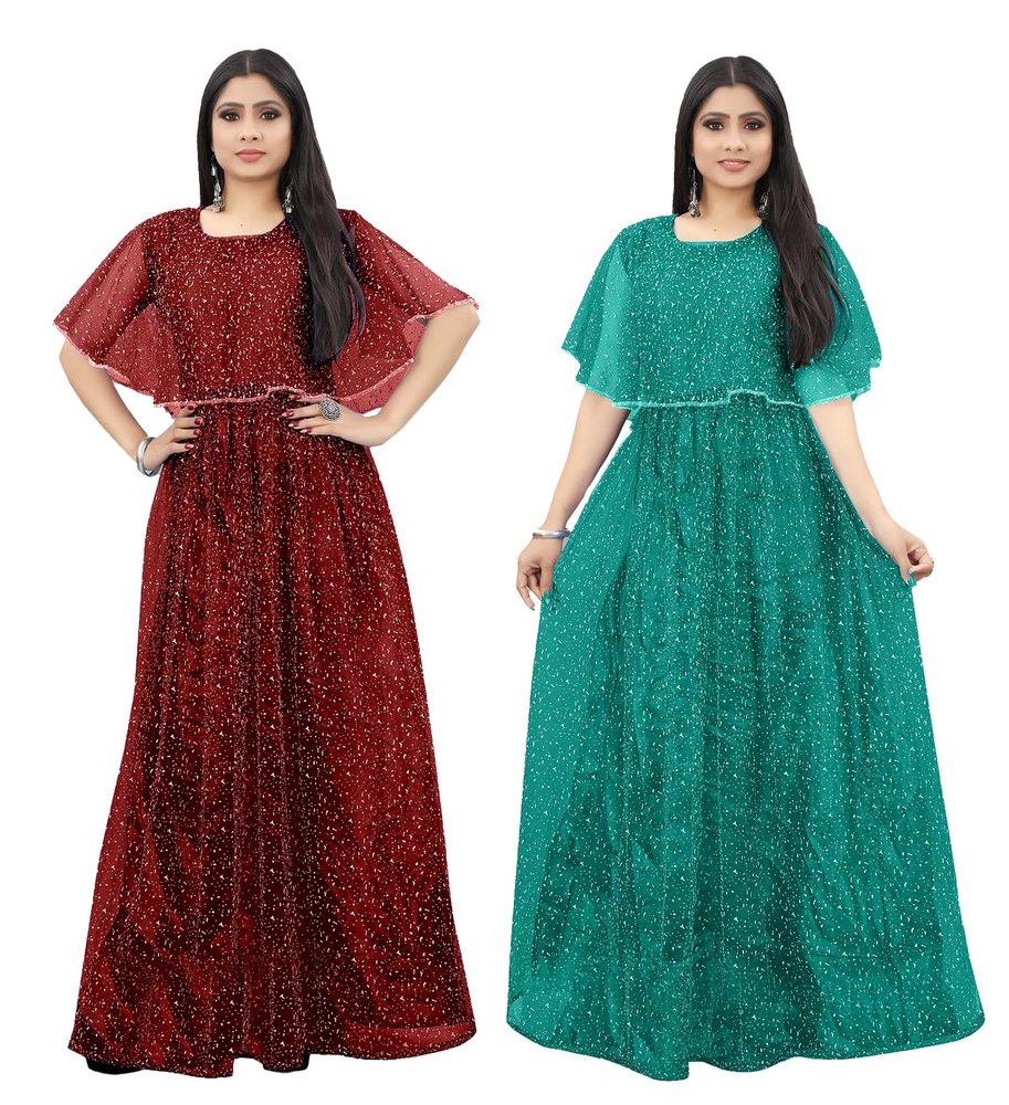 3Buddy Fashion Women's Fit and Flare Maxi Net and Silk Semi-Stitched Gown (Maroon-Seagreen)