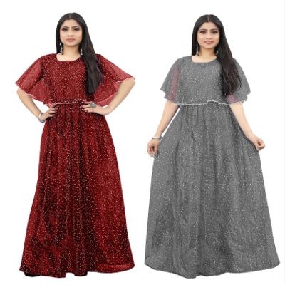 3Buddy Fashion Women's Fit and Flare Maxi Net and Silk Semi-Stitched Gown (Maroon-Grey)