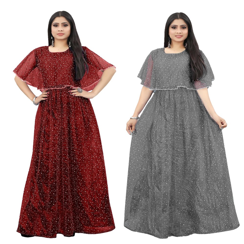3Buddy Fashion Women's Fit and Flare Maxi Net and Silk Semi-Stitched Gown (Maroon-Grey)