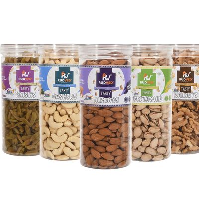 RUDVED Dry Fruits Jar Combo Pack of 5 X 400 gm Almonds Cashew Pista Raisins Walnuts