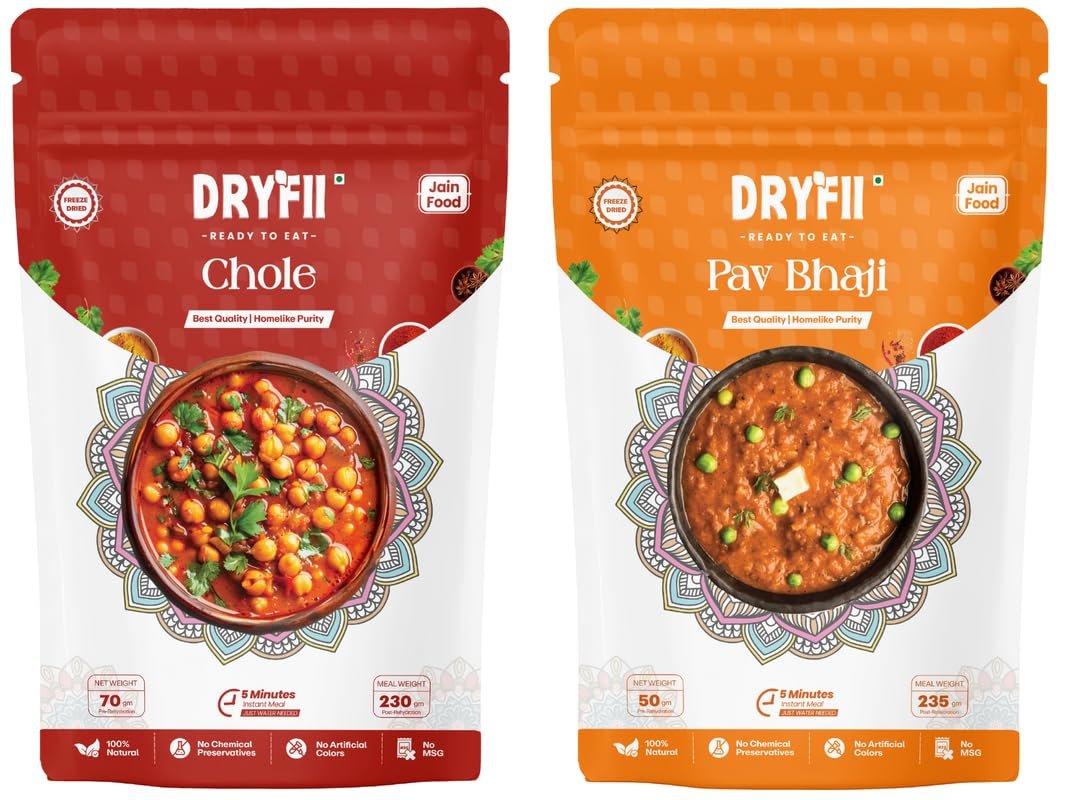 Dryfii Ready To Eat Jain Chole & Pav Bhaji, Instant Food, Indian Meal, Travel Food, No Preservatives, No Added Artificial Colours & Flavours, Just Add Water and Cook (Pack of 2)