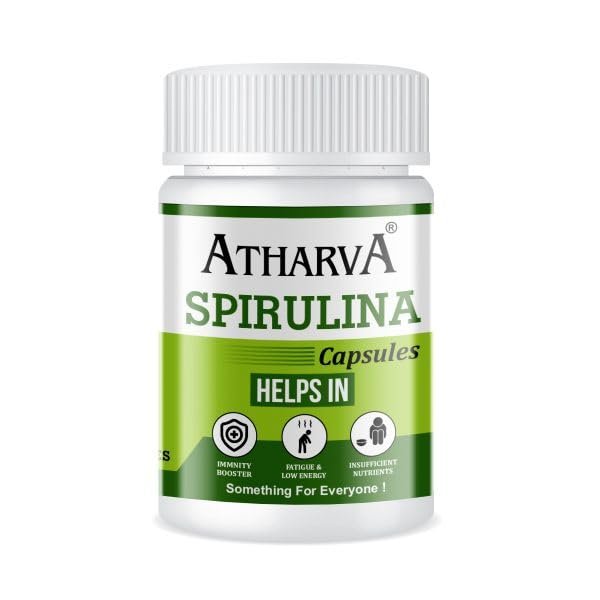 100% Pure Spirulina Capsules ATHARVA Boost Energy & Endurance | Improve Heart Health | Lowers Bad Cholesterol Controls Blood Pressure | Rich in Nutrients | 60 Capsules