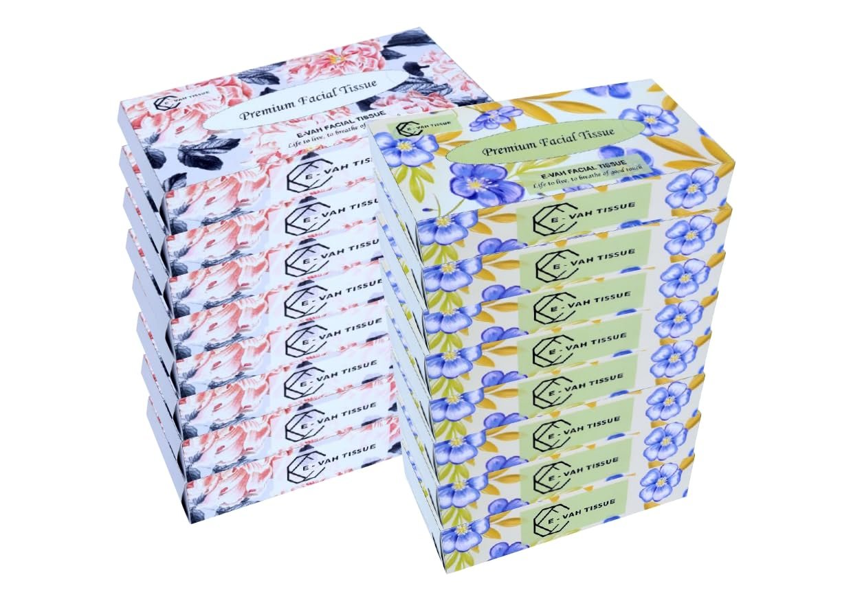E-Vah Premium Ultra-Soft 2-Ply Facial Tissue Paper, 16 Packs (1600 Pulls) Super Absorbent, Gentle on Sensitive Skin, Made with Virgin Paper for Superior Hygiene and Everyday Comfort