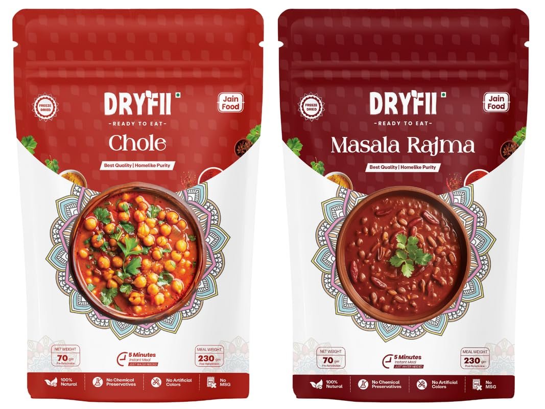 Dryfii Ready To Eat Jain Chole & Rajma, Instant Food, Indian Meal, Travel Food, No Preservatives, No Added Artificial Colours & Flavours, Just Add Water and Cook (Pack of 2)