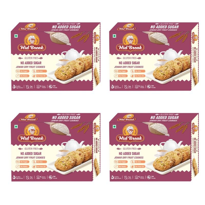Midbreak No Added Sugar Jowar Millet & Dry Fruit Cookies - 200gm (Pack Of 4) | Gluten-Free Healthy Biscuits | High in Fiber & Diabetic-Friendly | With Goodness Of Dry Fruits