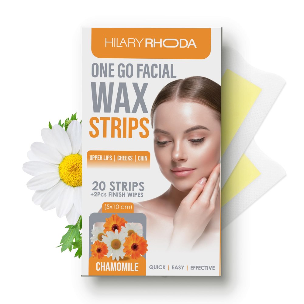 Hilary Rhoda Women One Go Facial Wax Strips | Chamomile Extract | Ready-to-Use for Upper Lip, Chin & Cheeks | Hair Removal Strips with 2 Wipes | Painless, Quick & Gentle Waxing | 20 Strips